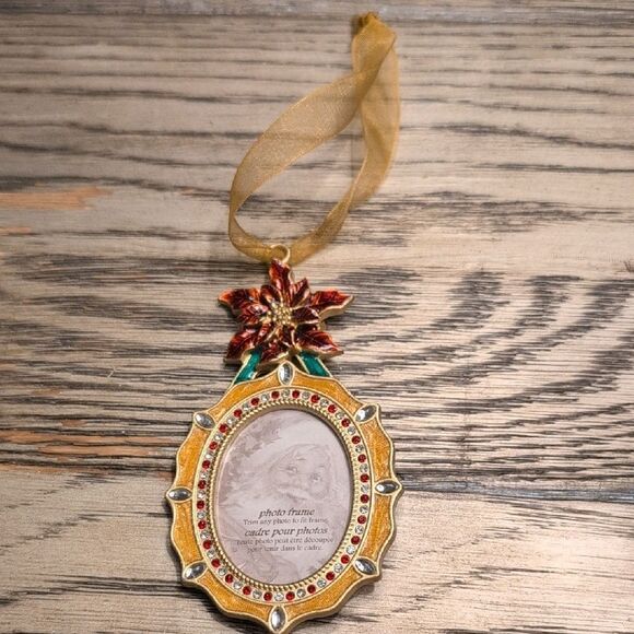 Gold & Red Enamel Metal Rhinestone Christmas Poinsettia Ornament Picture Frame - Picture 1 of 7